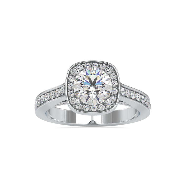Round cut pave band in white gold with halo mount.
