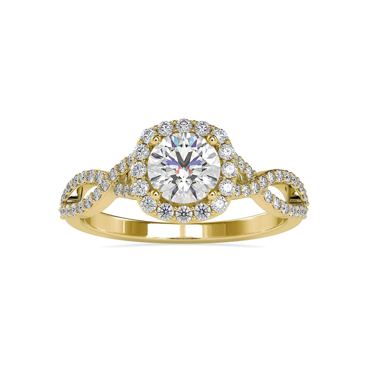 White gold twist ring with lab diamond and halo design.
