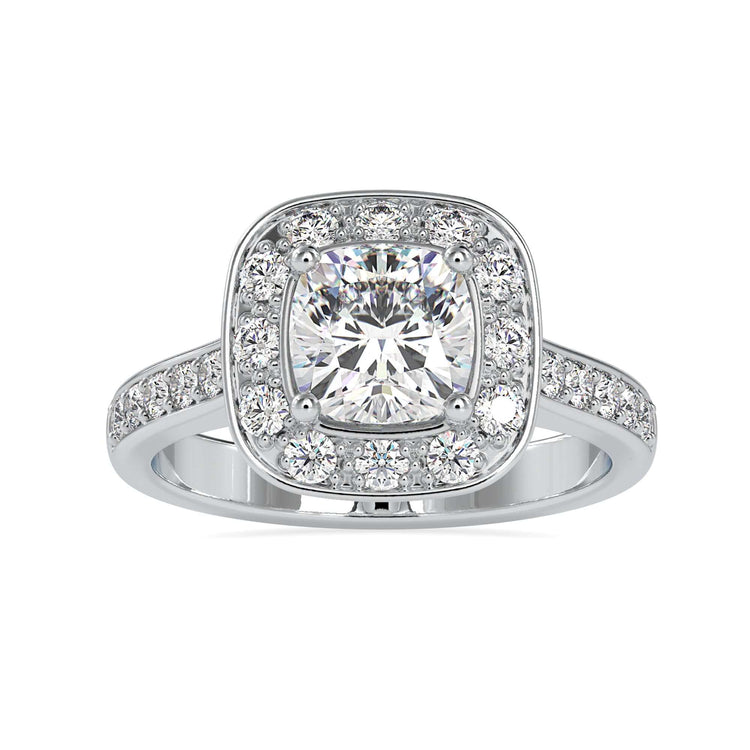 White gold cushion cut engagement ring with halo and pave setting.
