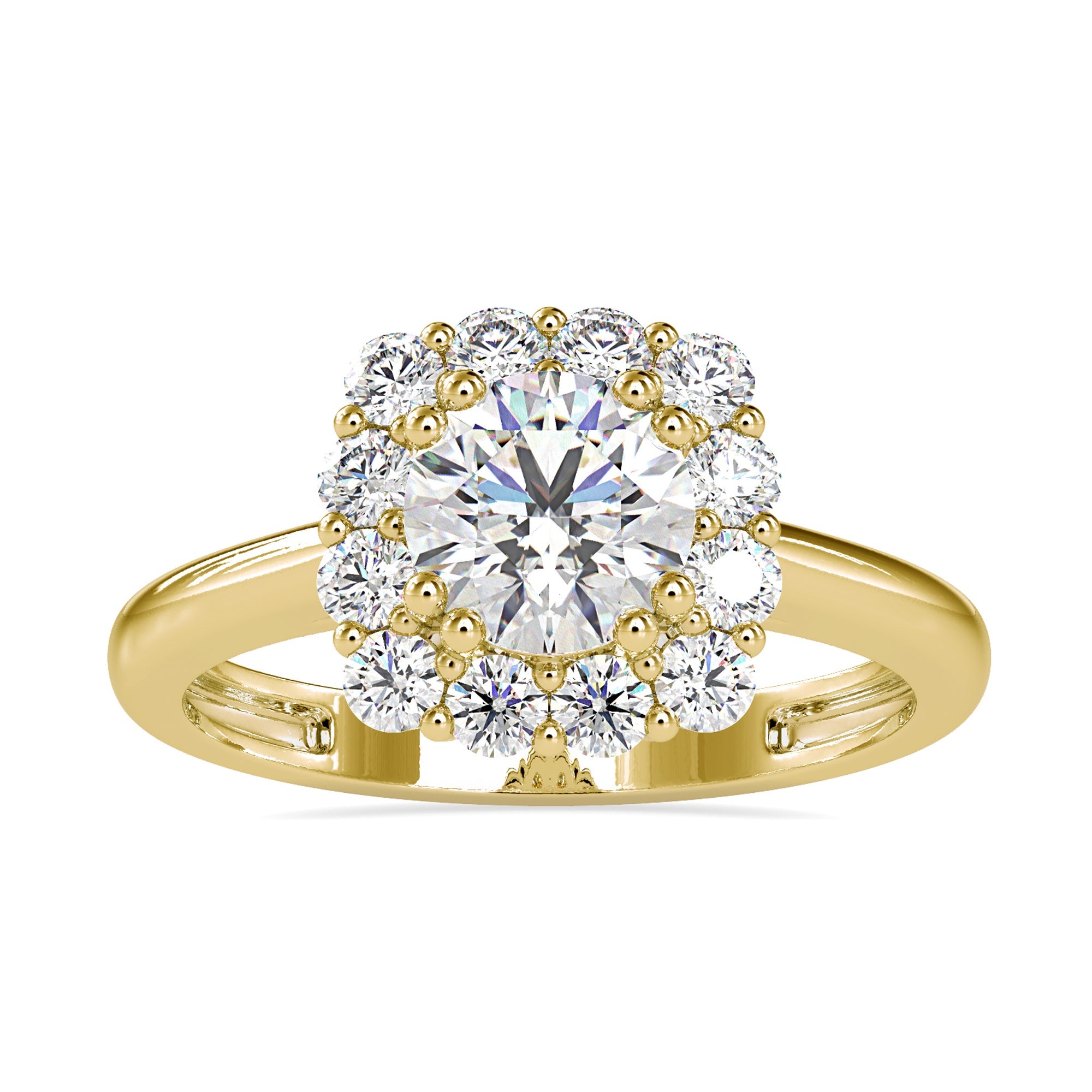 Engagement ring round cut halo for a modern and classic look.
