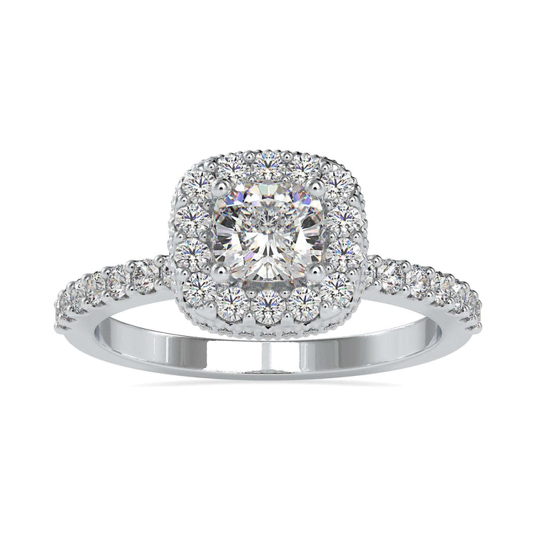 Buy engagement ring with halo cushion centre and side details.
