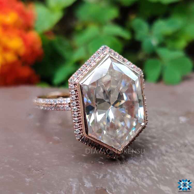Double row pave moissanite halo ring in modern design.
