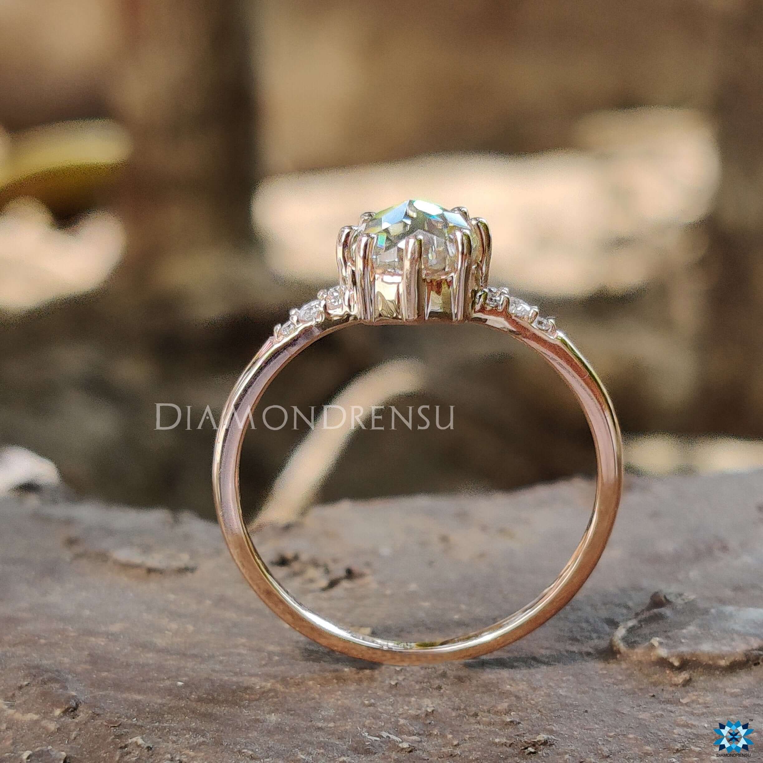 Prong setting ring featuring a dazzling round rose cut moissanite engagement ring.