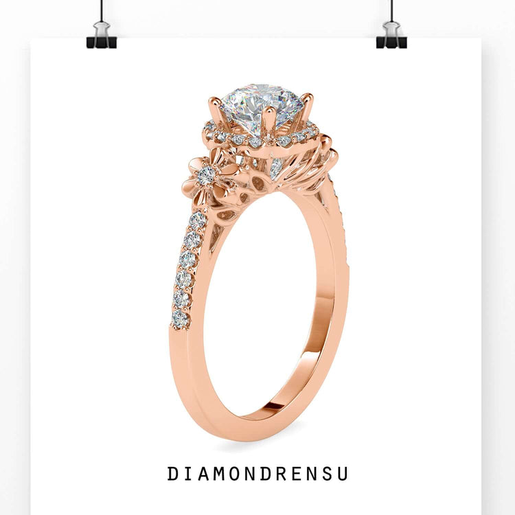 Custom engagement ring with floral design and princess peekaboo detail.
