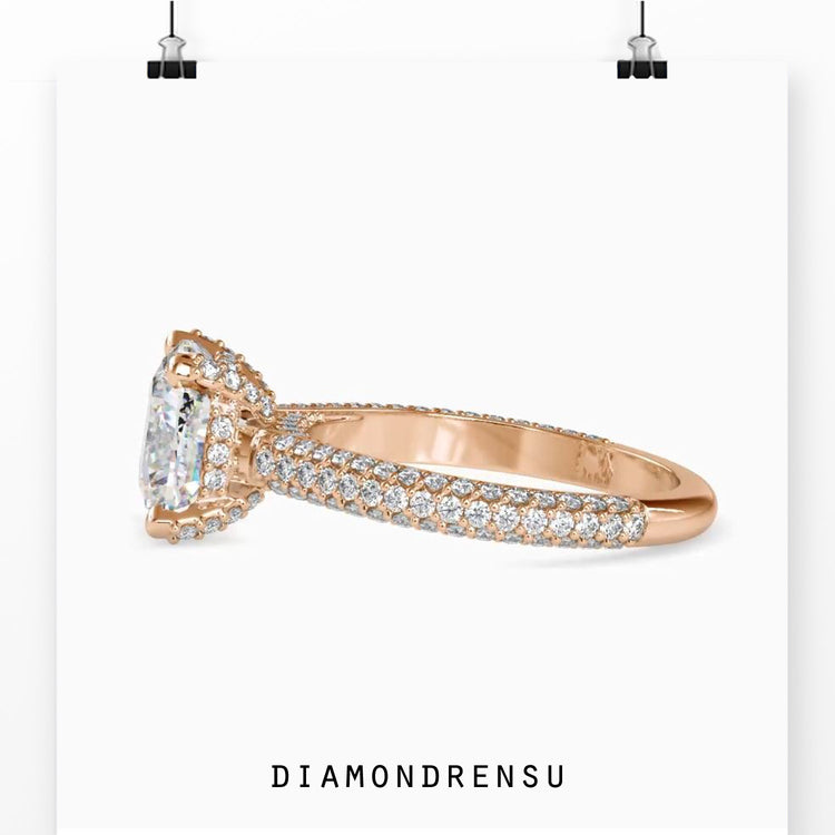 Round cut pave band with lab grown cushion centre.
