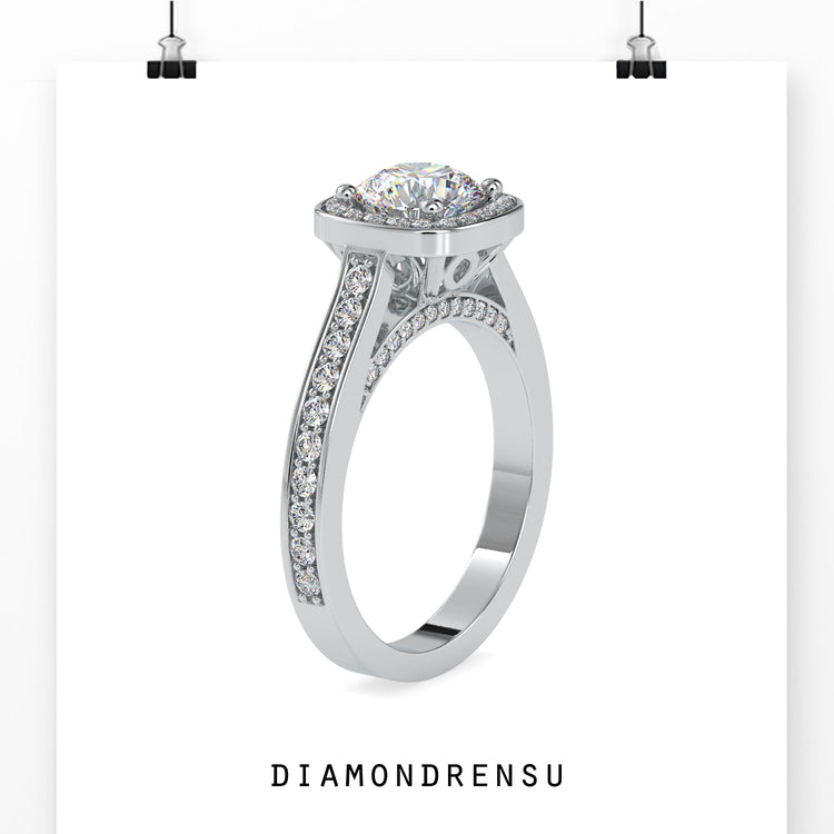 Bridge accent ring with lab grown round cut diamond.
