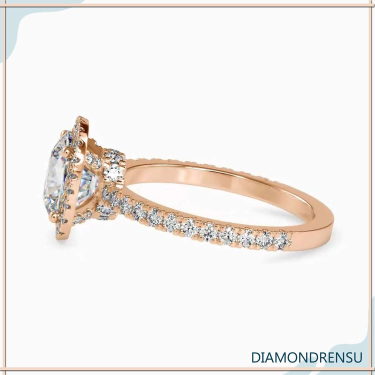 IGI certified lab grown cushion halo engagement ring.
