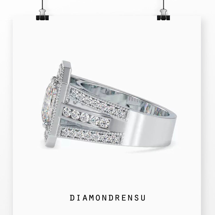 Designer ring featuring vintage style halo and cushion diamond.
