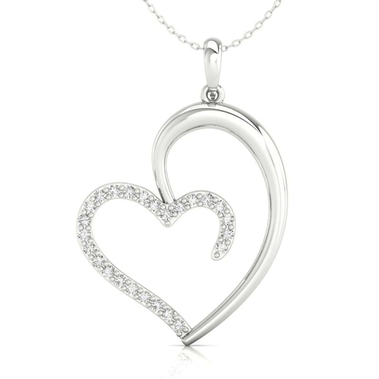 Heart pendant with round cut diamond in shared prong setting.

