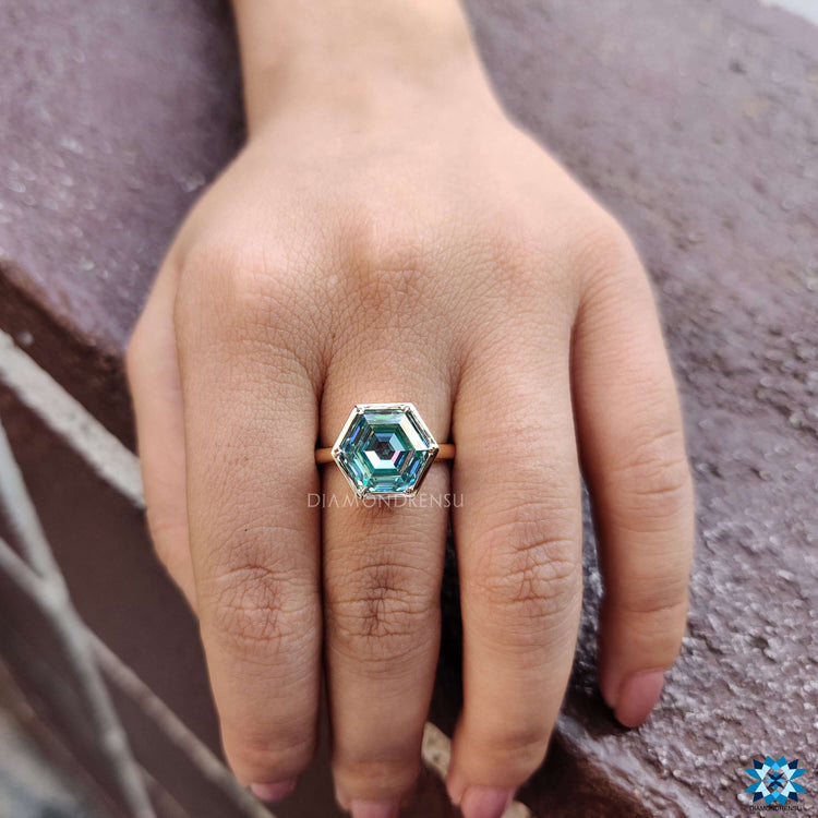 Handmade moissanite solitaire ring in yellow gold with bezel setting.

