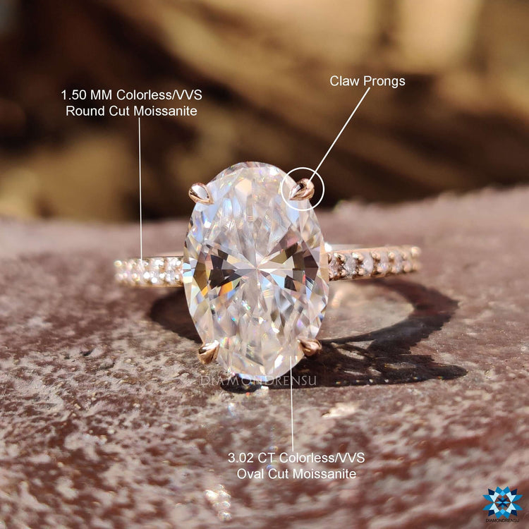 Pave set moissanite ring with round cut stones.
