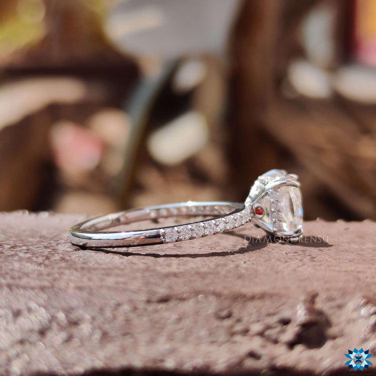 Hidden halo moissanite ring with pave setting band.

