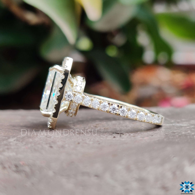 Handmade moissanite ring with pave setting and round cut pave band.
