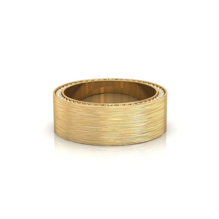 Yellow gold mens wedding band with brushed finish texture.
