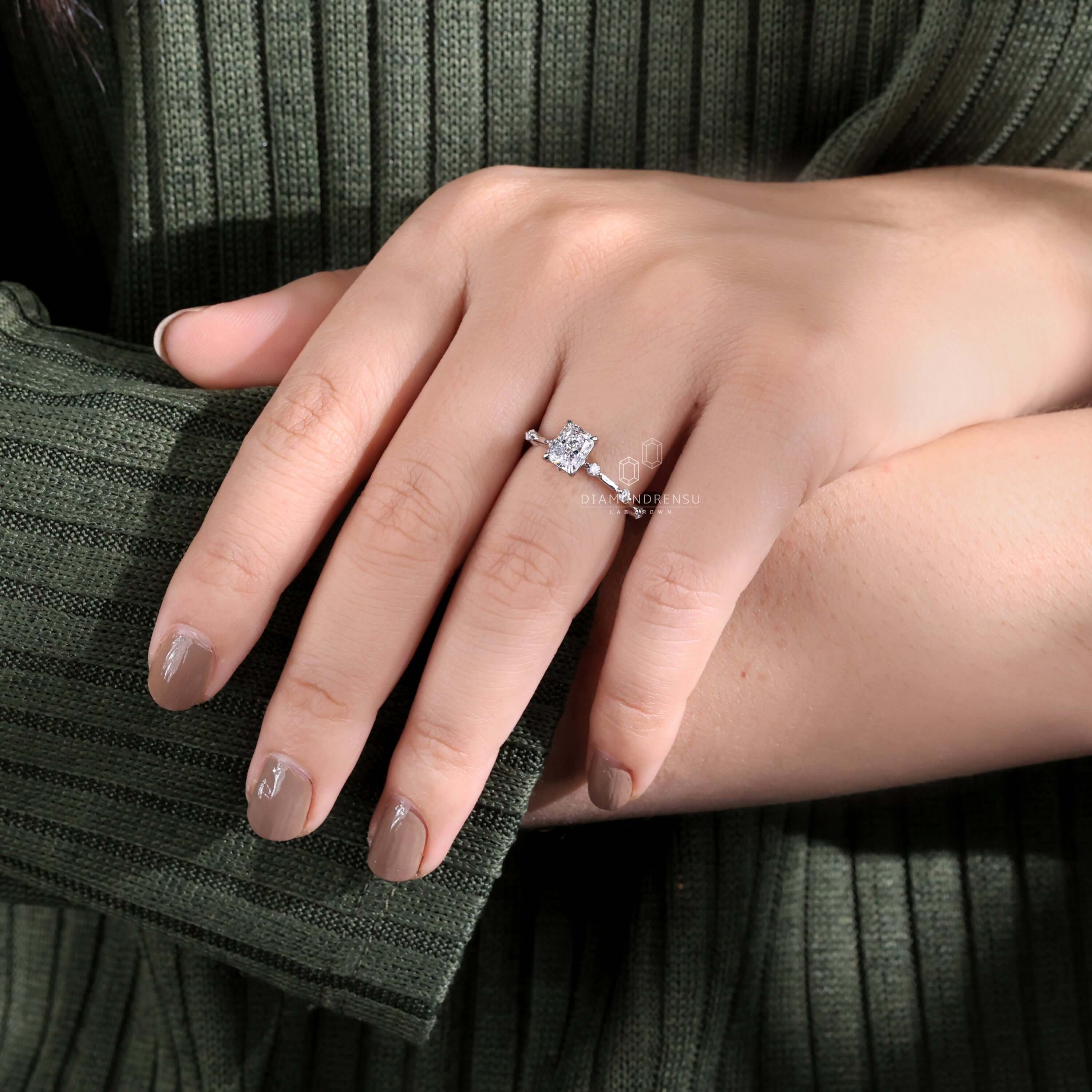 Radiant engagement ring featuring a classic pave setting for added sparkle.