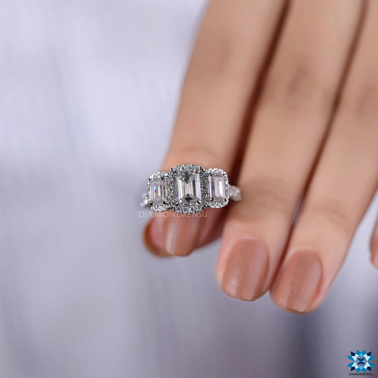 Three Stone Emerald Cut Engagement Ring