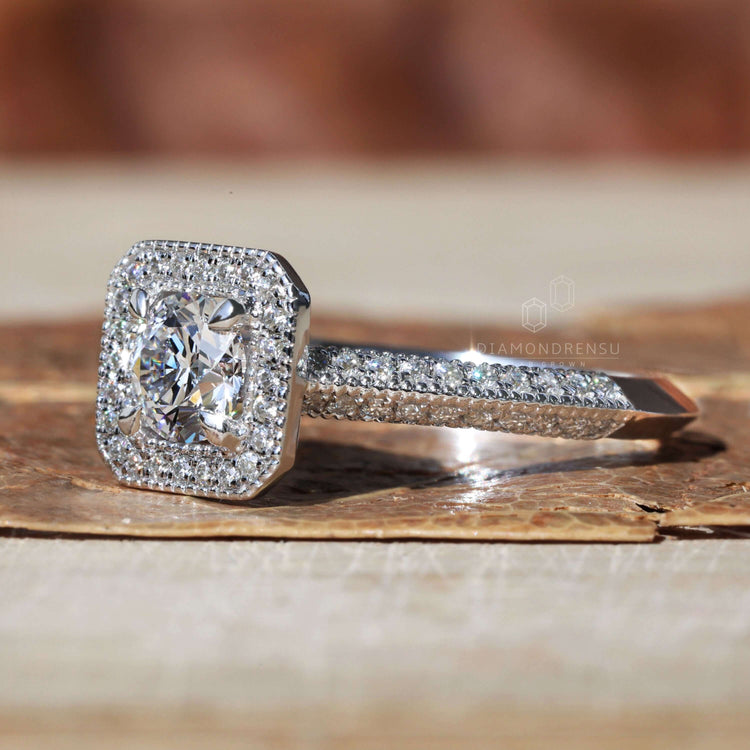 Sparkling halo diamond ring perfect for proposals.