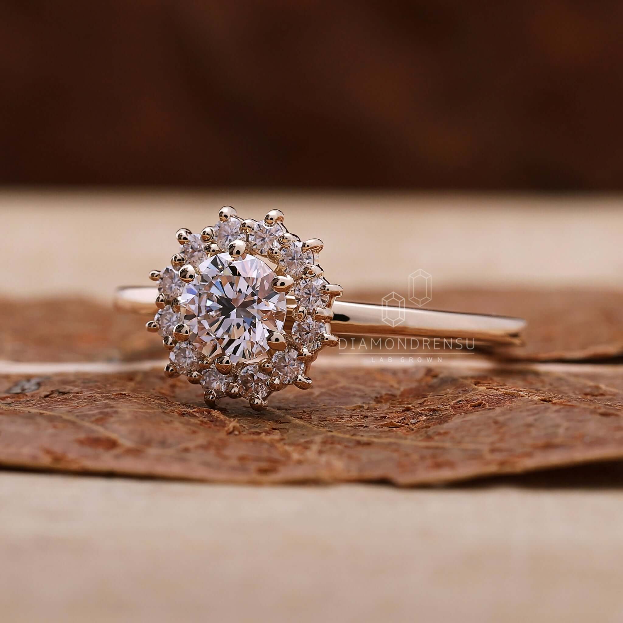 Cluster round diamond ring set with lab-grown diamonds for sustainability.