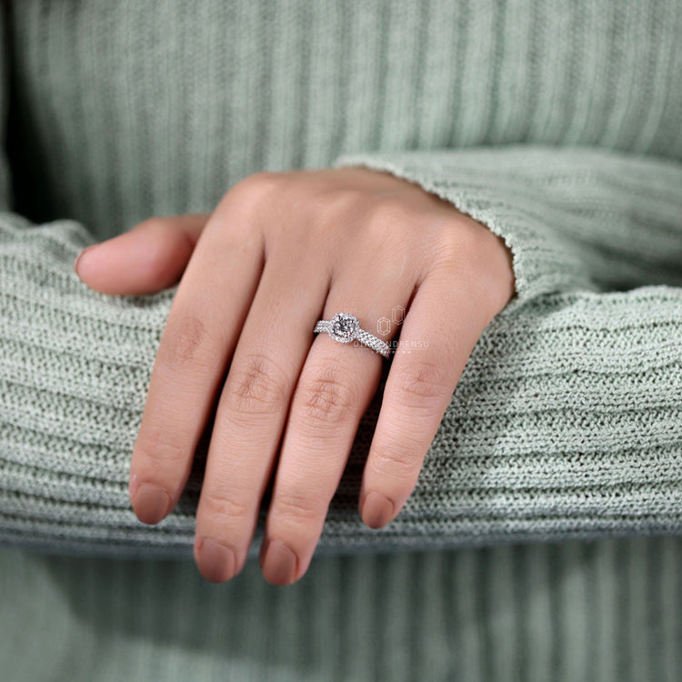 Pave wedding band paired with a 4 prong diamond ring design.
