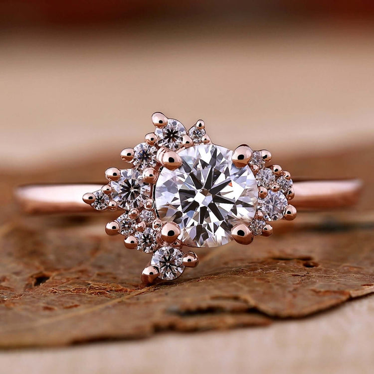 Elegant cluster engagement ring featuring intricate design.
