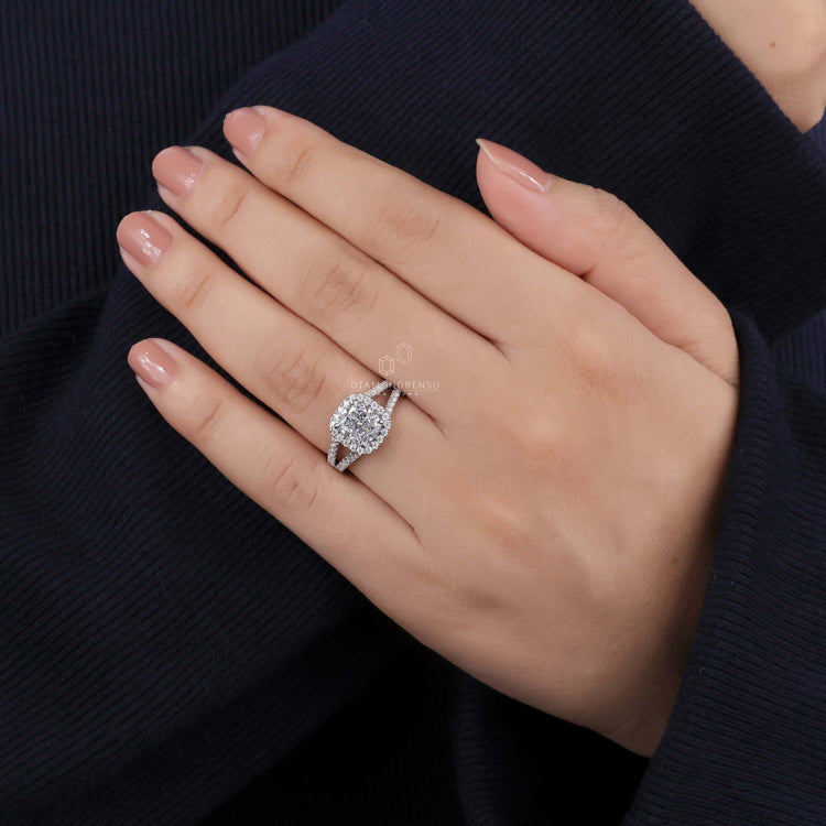 Cushion cut halo ring designed for timeless beauty and elegance.
