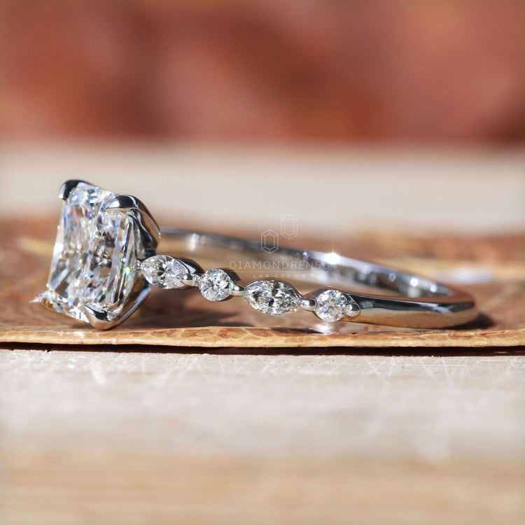 Radiant cut engagement ring showcasing a Floating Bubble Pave Set Ring design for a unique and luxurious look.
