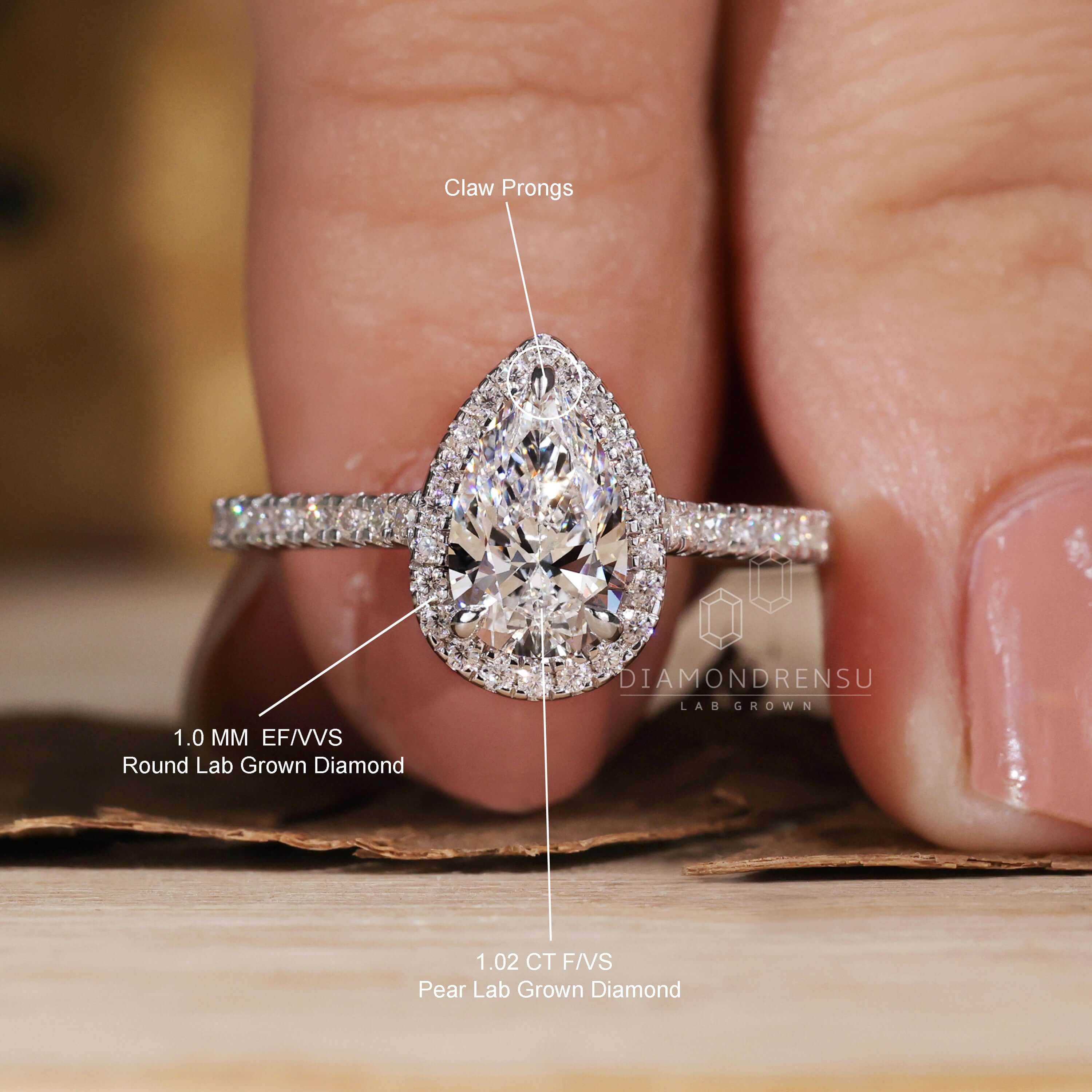 Claw prong setting on lab grown diamond for elegant appeal.