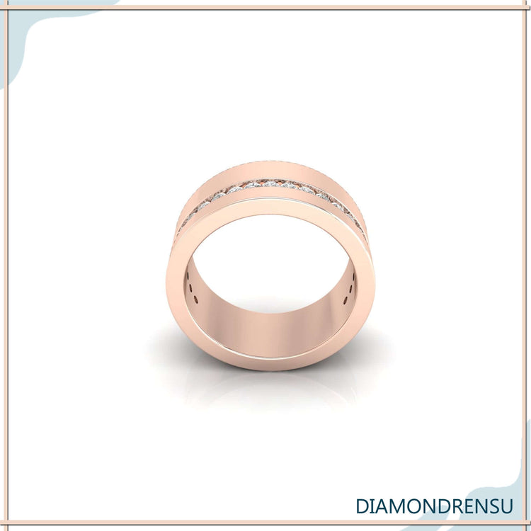 Buy mens wedding ring with bold diamond bands for weddings in yellow gold.
