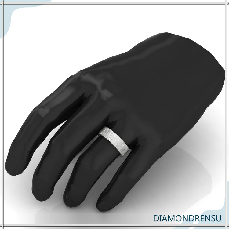 Baguette cut wedding band in white gold brush finish band style.
