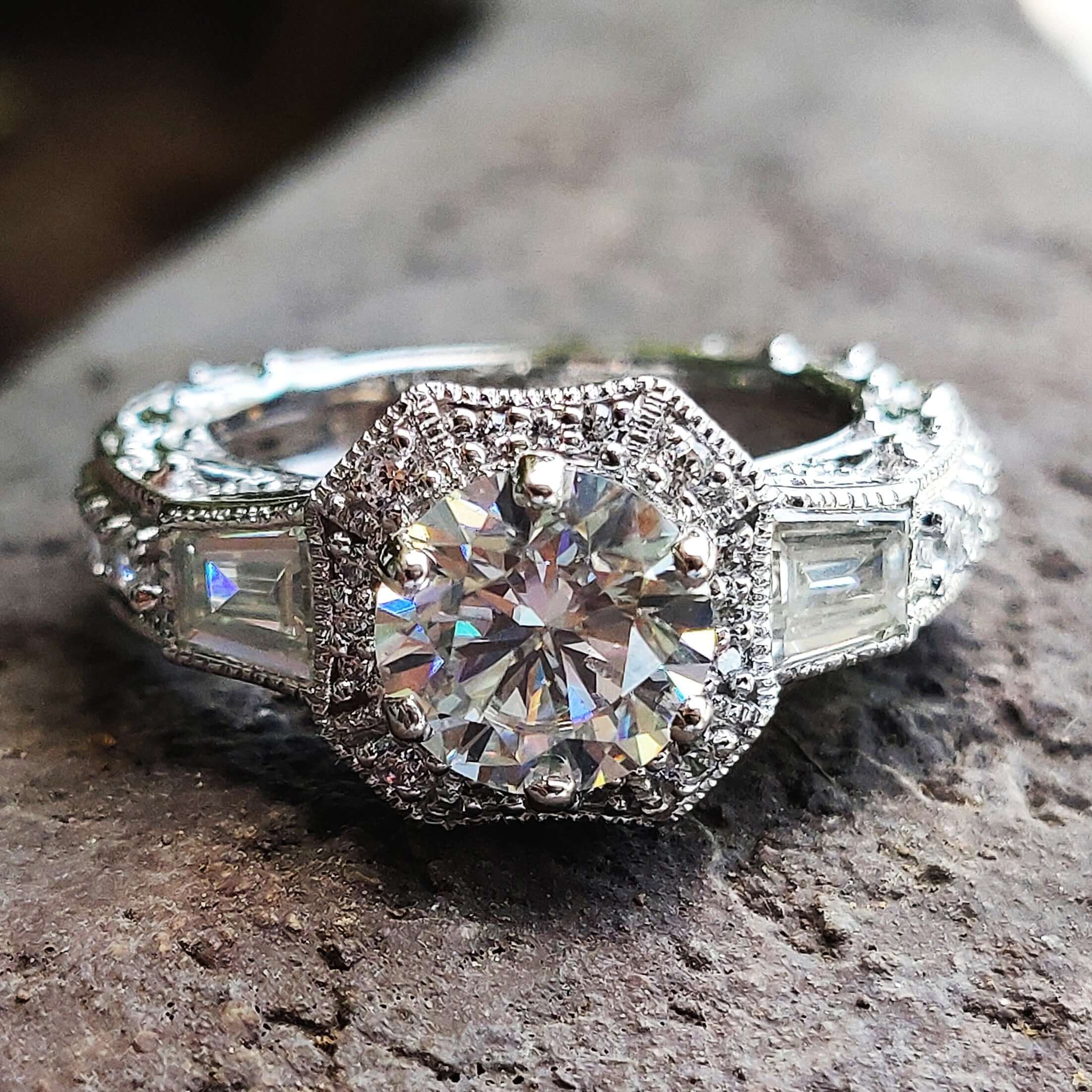 Vintage Engagement Ring with a stunning vintage moissanite ring design.