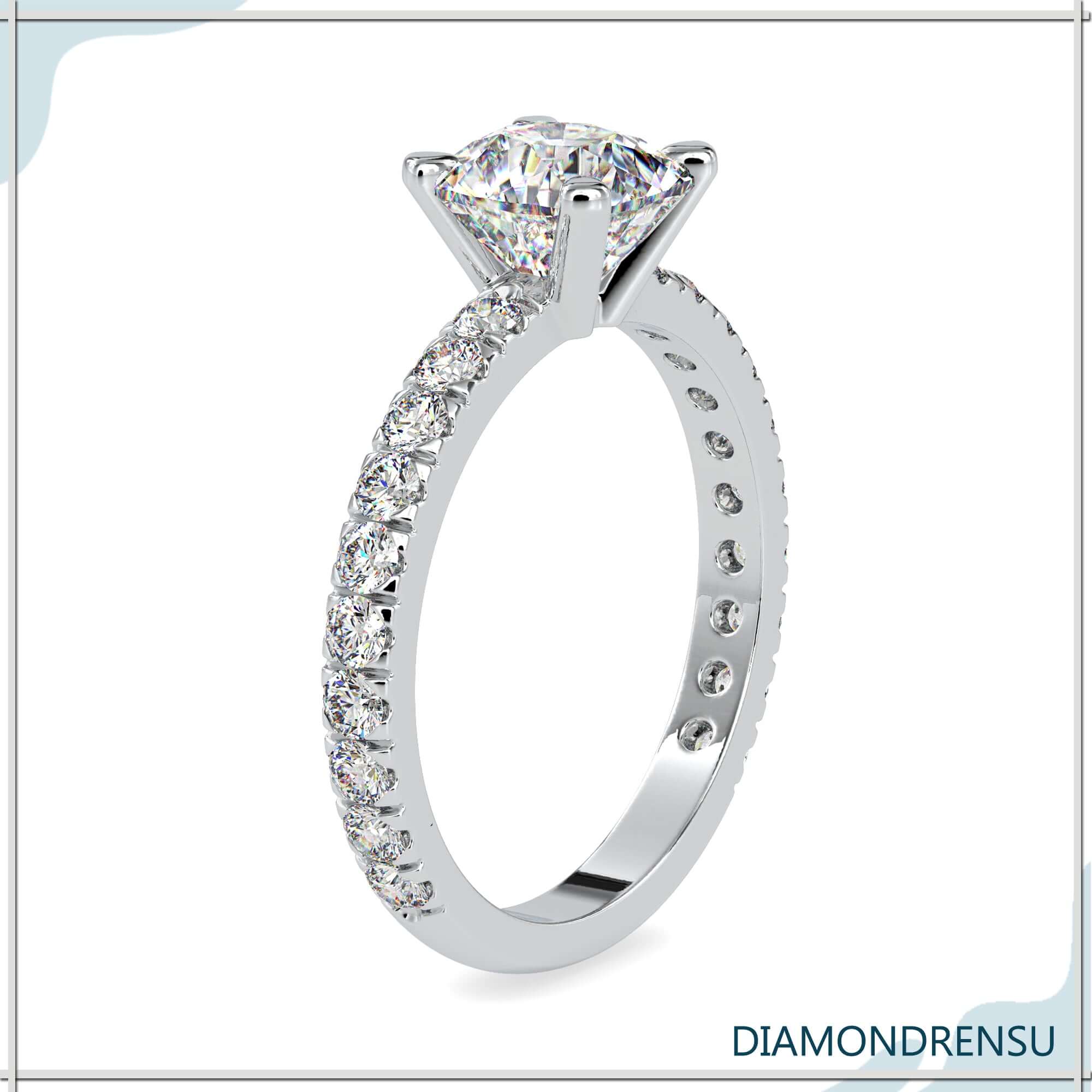 3 carat cushion cut diamond ring set in a basket setting, available in white gold.
