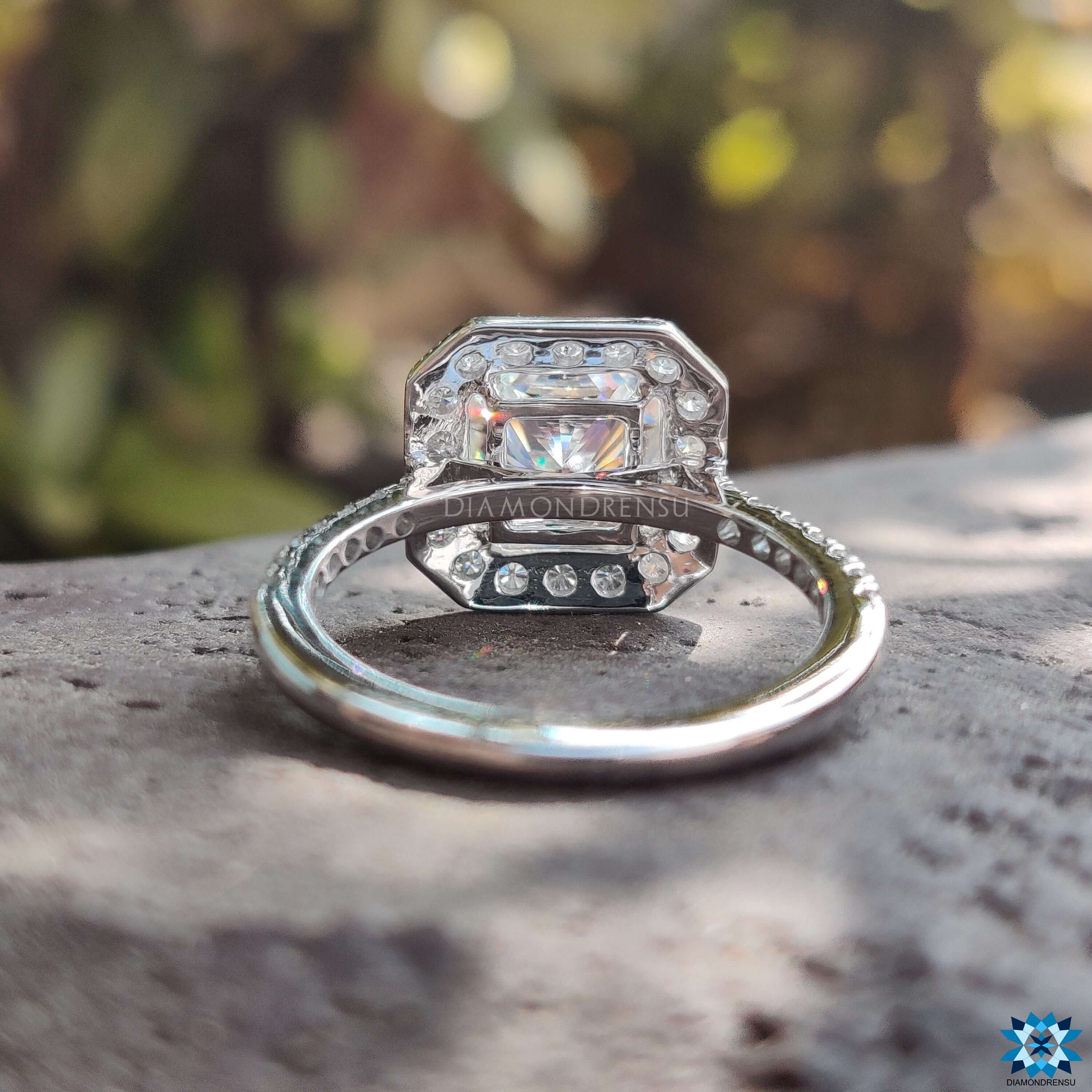 White gold engagement ring featuring a beautiful radiant cut moissanite ring.