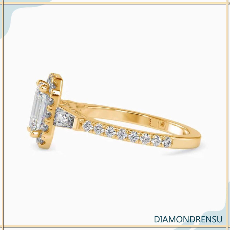 Lab grown diamond engagement ring with round halo.

