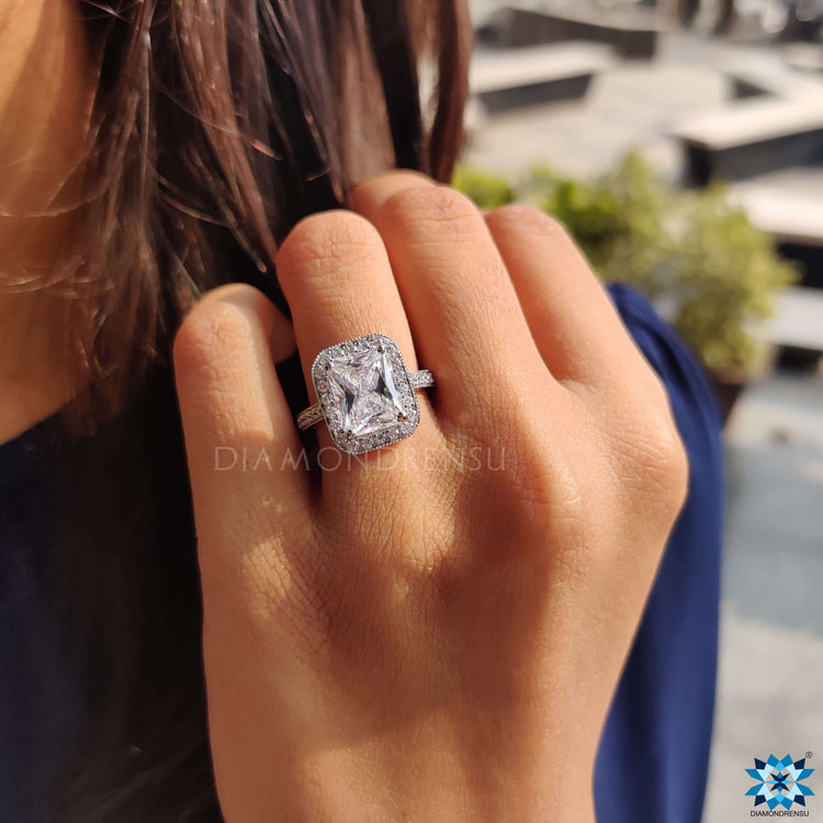 Moissanite engagement ring in white gold.
