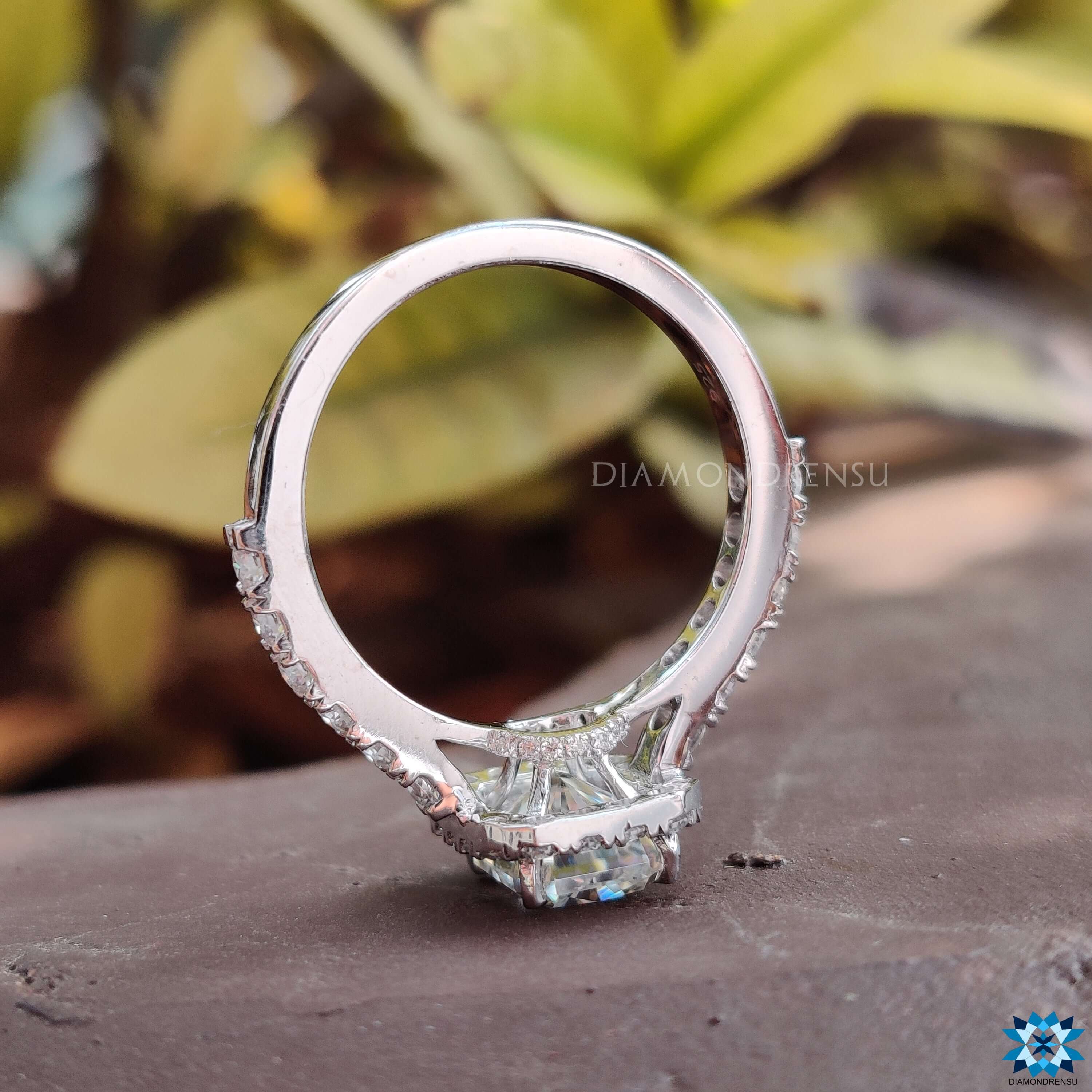 Shop to buy engagement ring featuring a gorgeous radiant cut moissanite ring design.