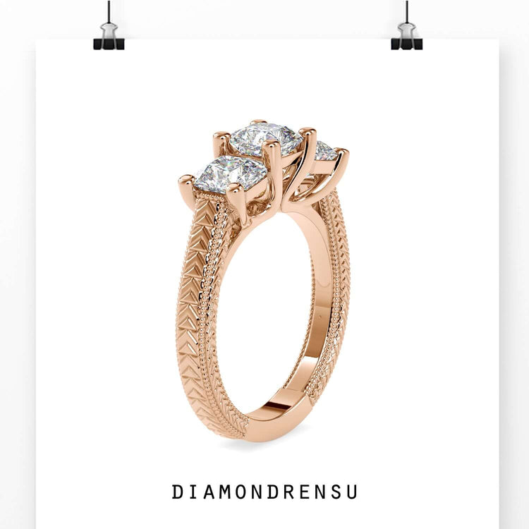 Buy diamond ring with prong set three stone layout.
