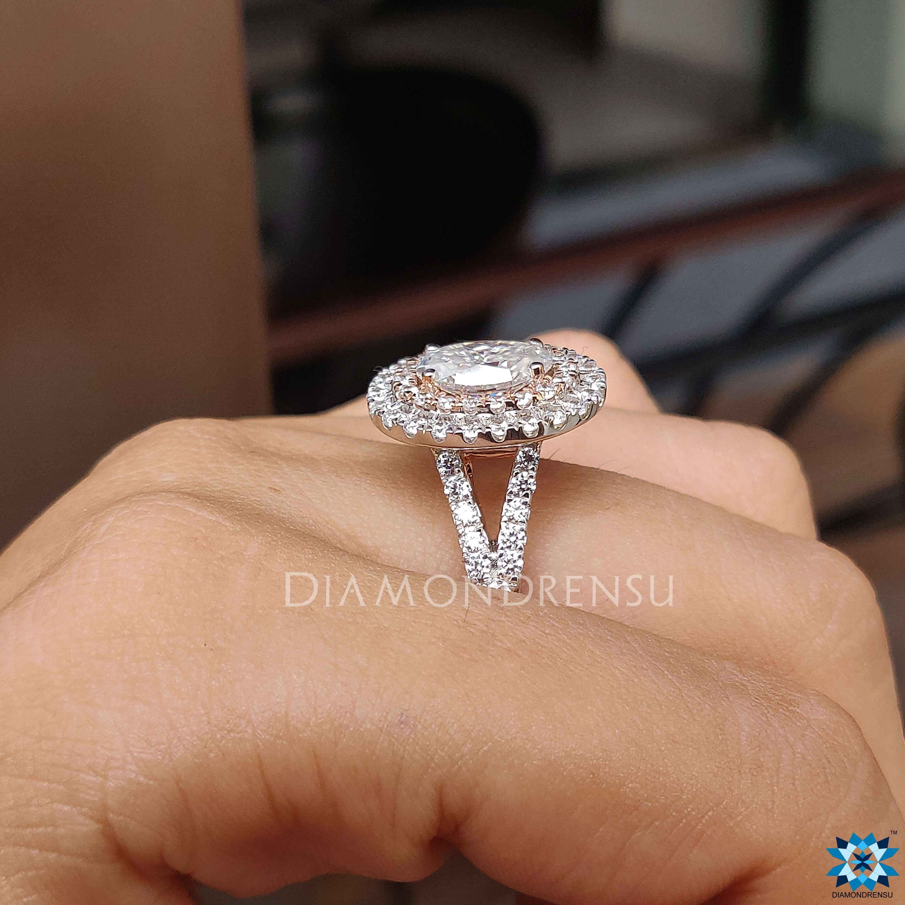 Moissanite for engagement ring in a custom-designed oval moissanite ring.