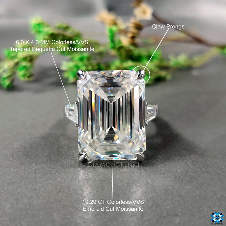 Buy moissanite ring with tapered baguette accents.

