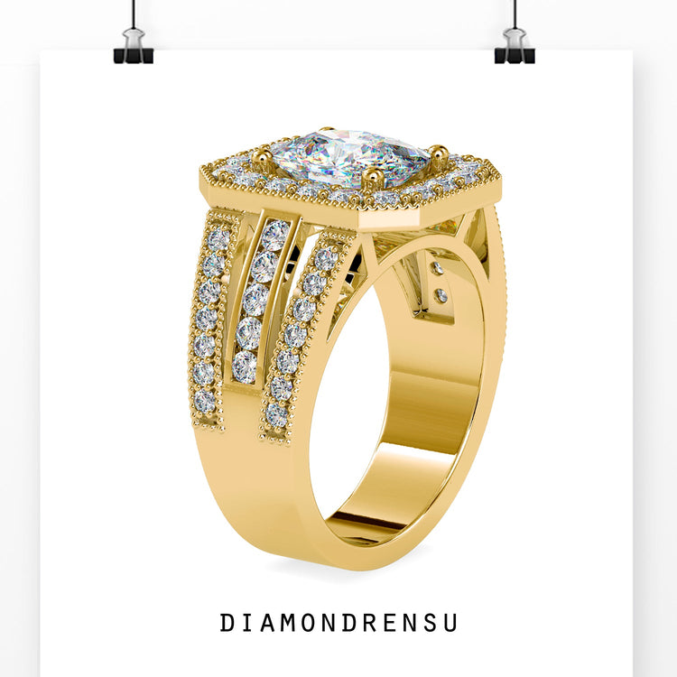 Yellow gold ring with cushion halo and handmade split shank.
