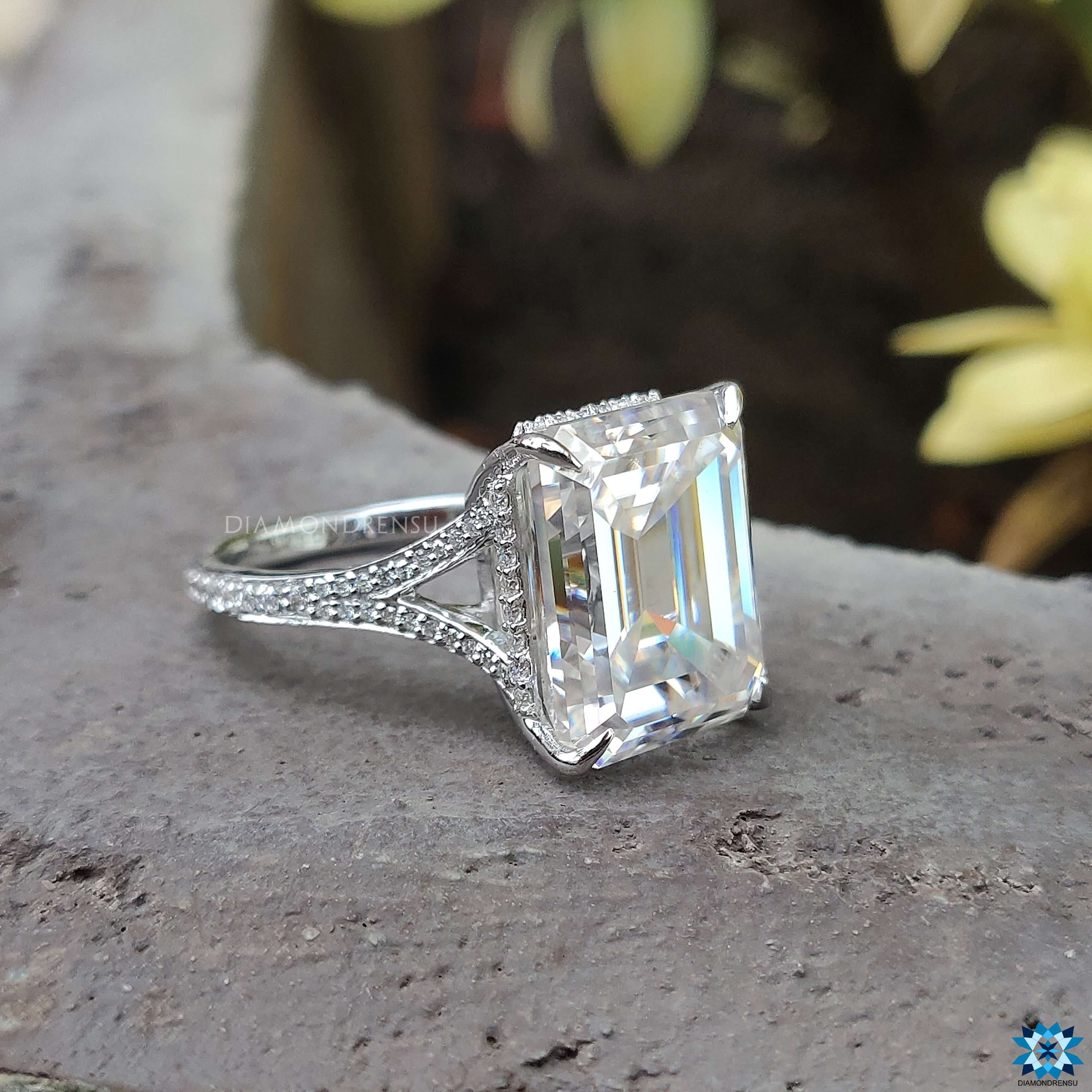 White Gold Engagement Ring with a striking moissanite split shank ring design.