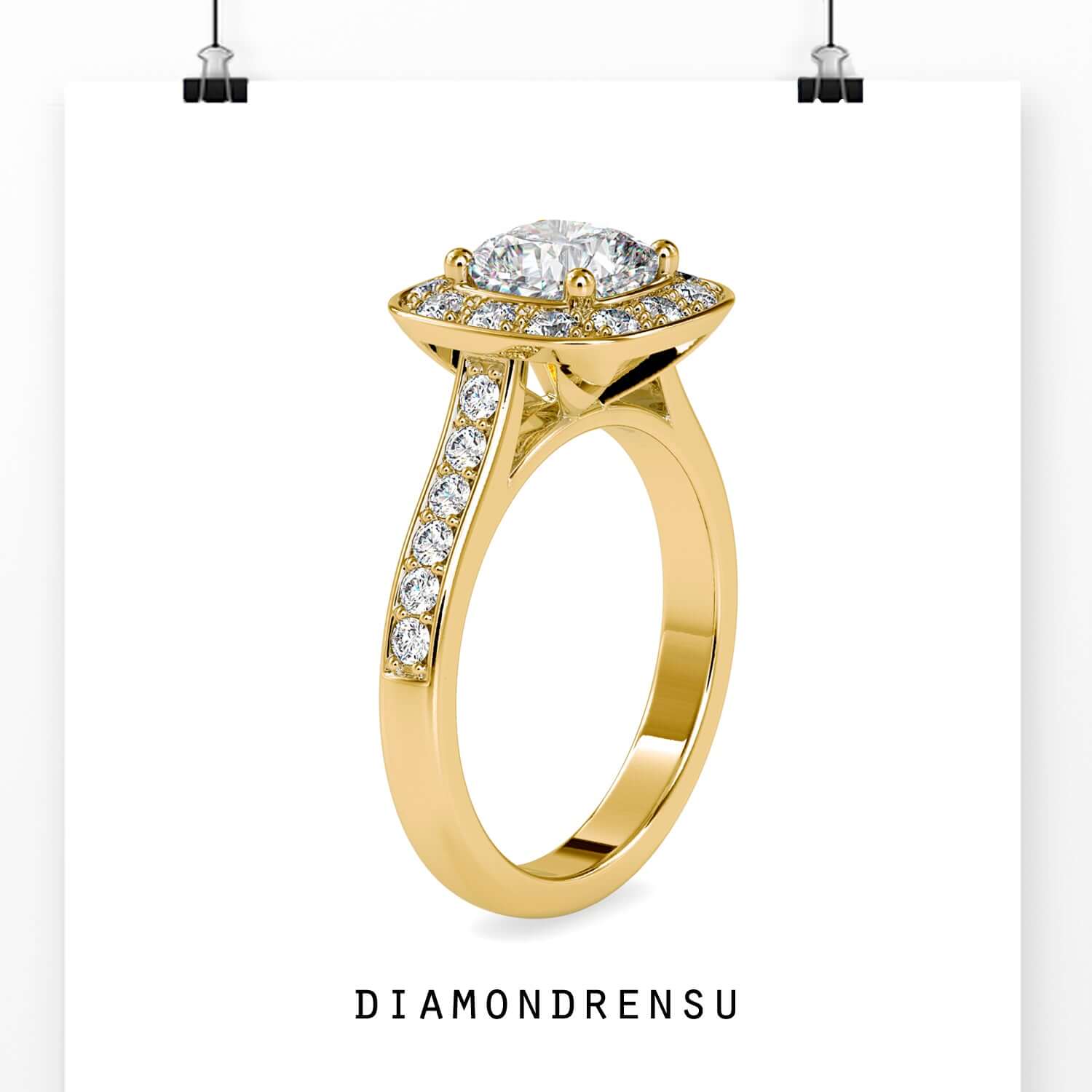 Exquisite cathedral engagement ring featuring a cushion cut halo and channel setting.
