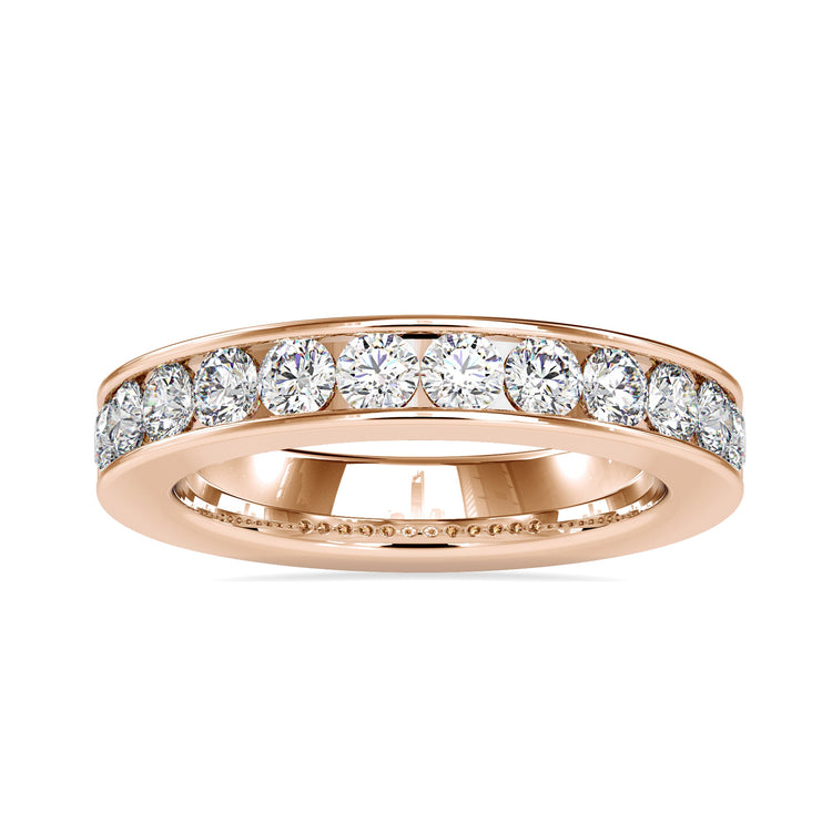 Channel set wedding band with round cut lab grown diamonds.
