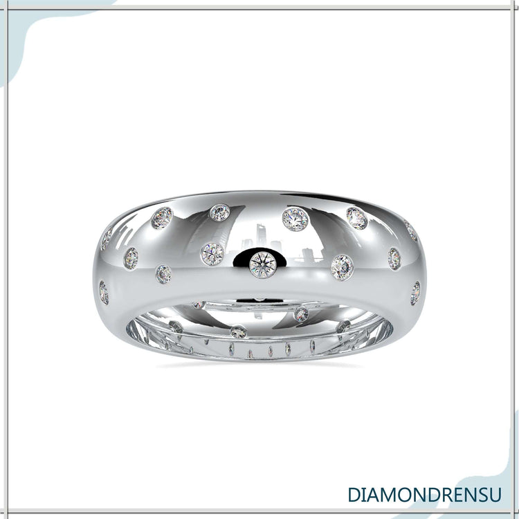 Round cut diamond eternity ring with secure flush layout.
