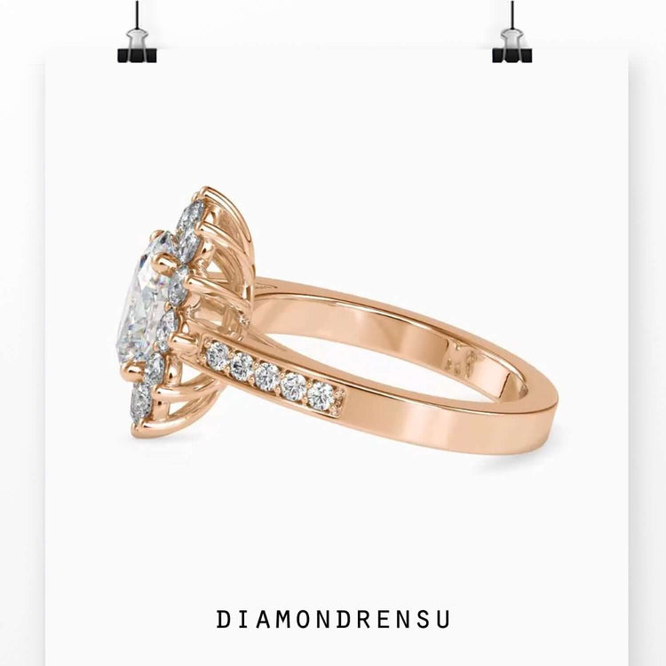 Customise engagement ring in white gold with cluster halo ring and lab grown diamond.
