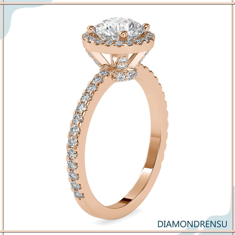 Buy engagement ring with hidden halo and round prongs.
