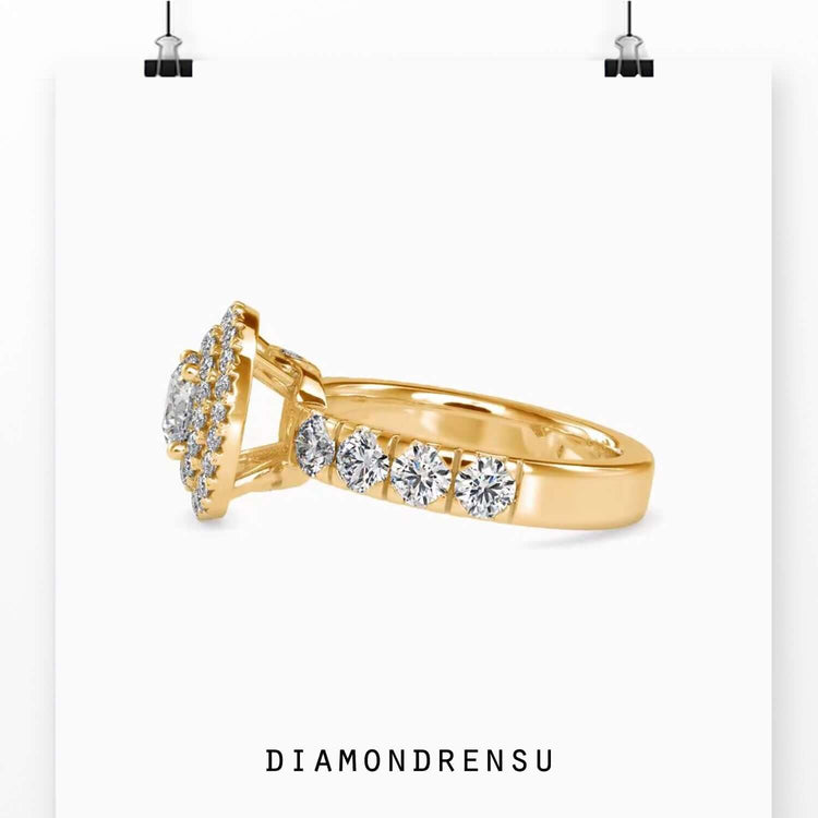 IGI certified engagement ring with halo setting and hidden round accent.
