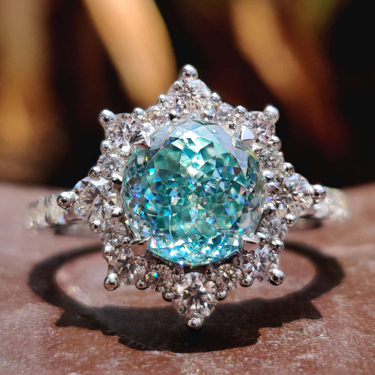Portuguese cut moissanite ring in white gold setting.
