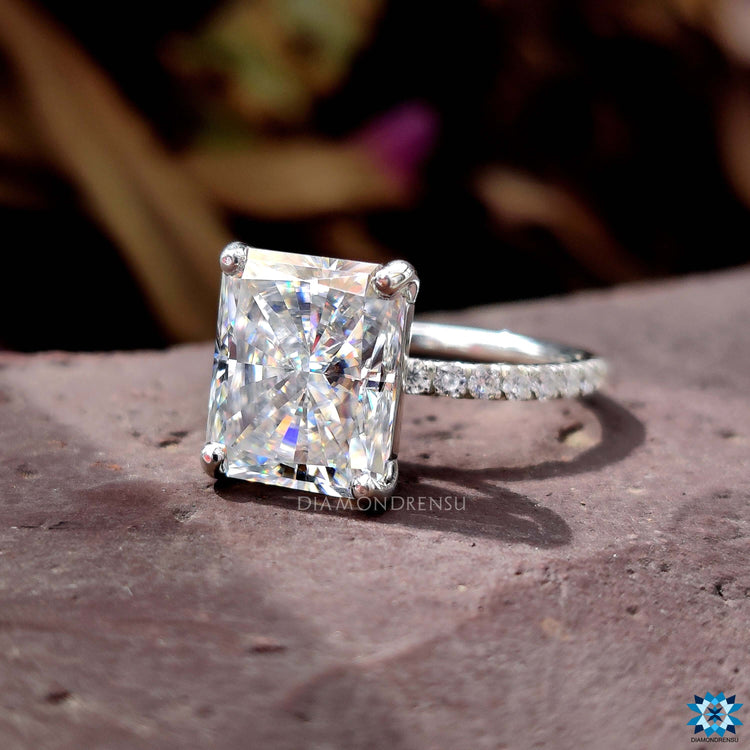 Handmade radiant cut moissanite engagement ring.
