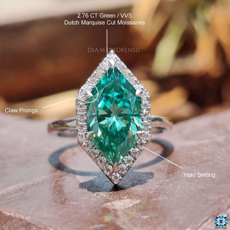 Moissanite halo ring in white gold.