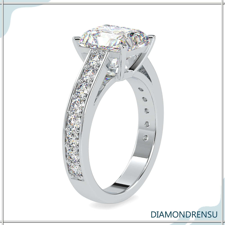 Cathedral setting ring featuring a radiant lab grown diamond.
